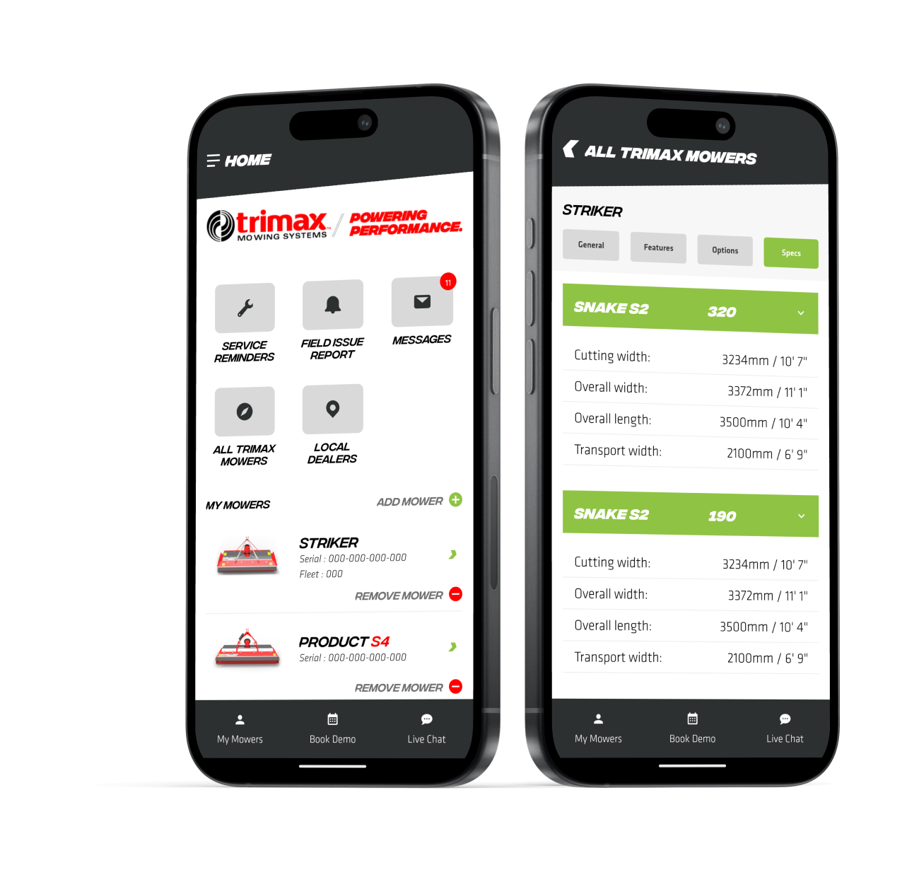Trimax mobile app showing mower specifications and dashboard for equipment management